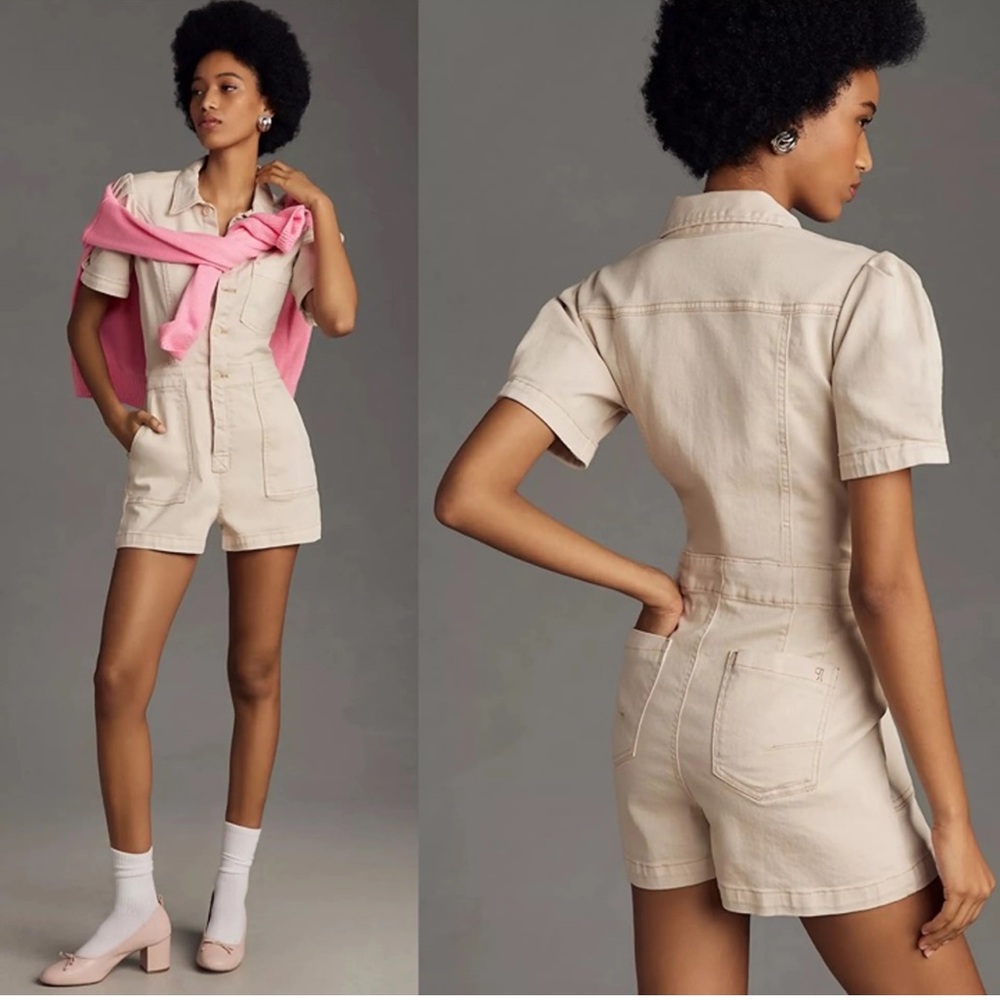 ✅New! Anthropologie The Kit Utility Romper by Pilcro in Ecru size 6